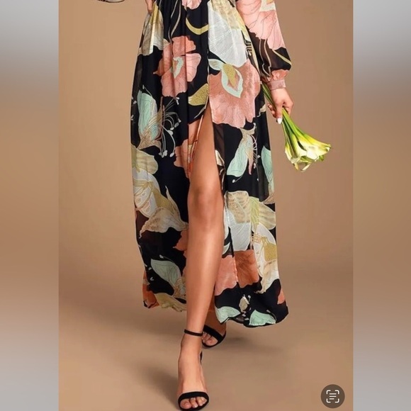 EUC Lulus Wondrous Water Lilies Black Floral High Slit Print Maxi Dress Size XS - Picture 6 of 16